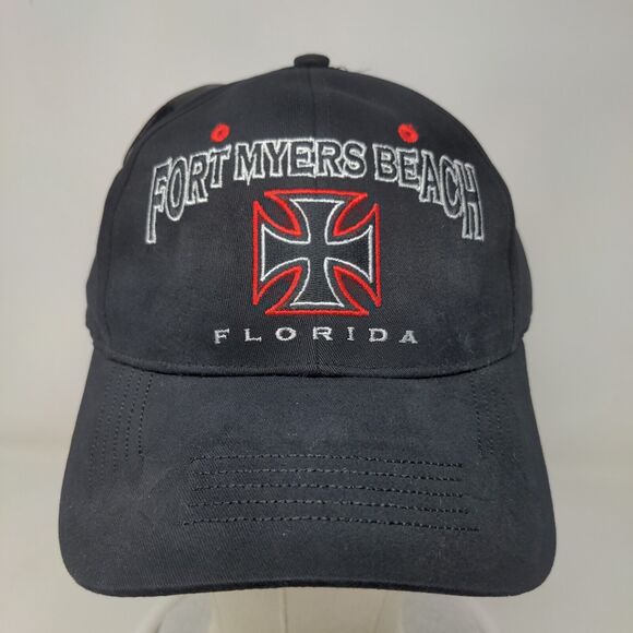 Fort Myers Beach Florida Strapback Hat OSFA Black Embroidered W/Tags Iron Cross - Picture 2 of 9